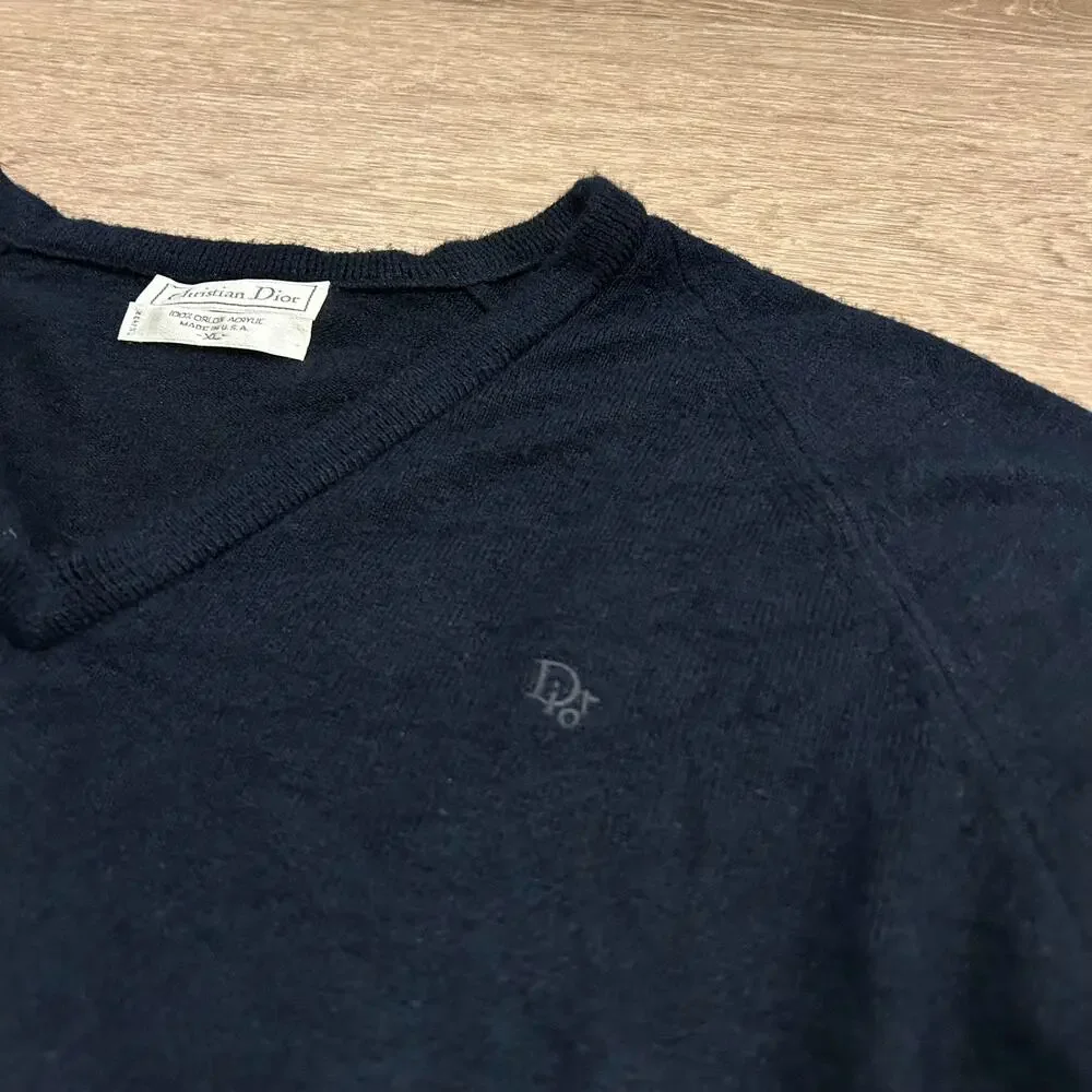Vintage Christian‎ Dior V Neck Sweater Navy Minimakist Logo Knit XL USA